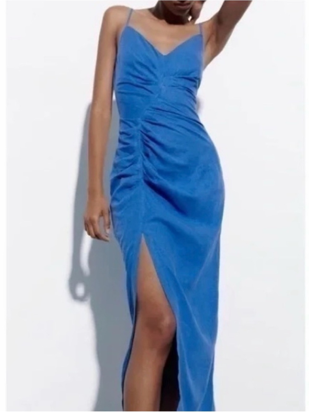 Zara Elegant Blue Spaghetti-Strap Maxi Dress with Side Slit